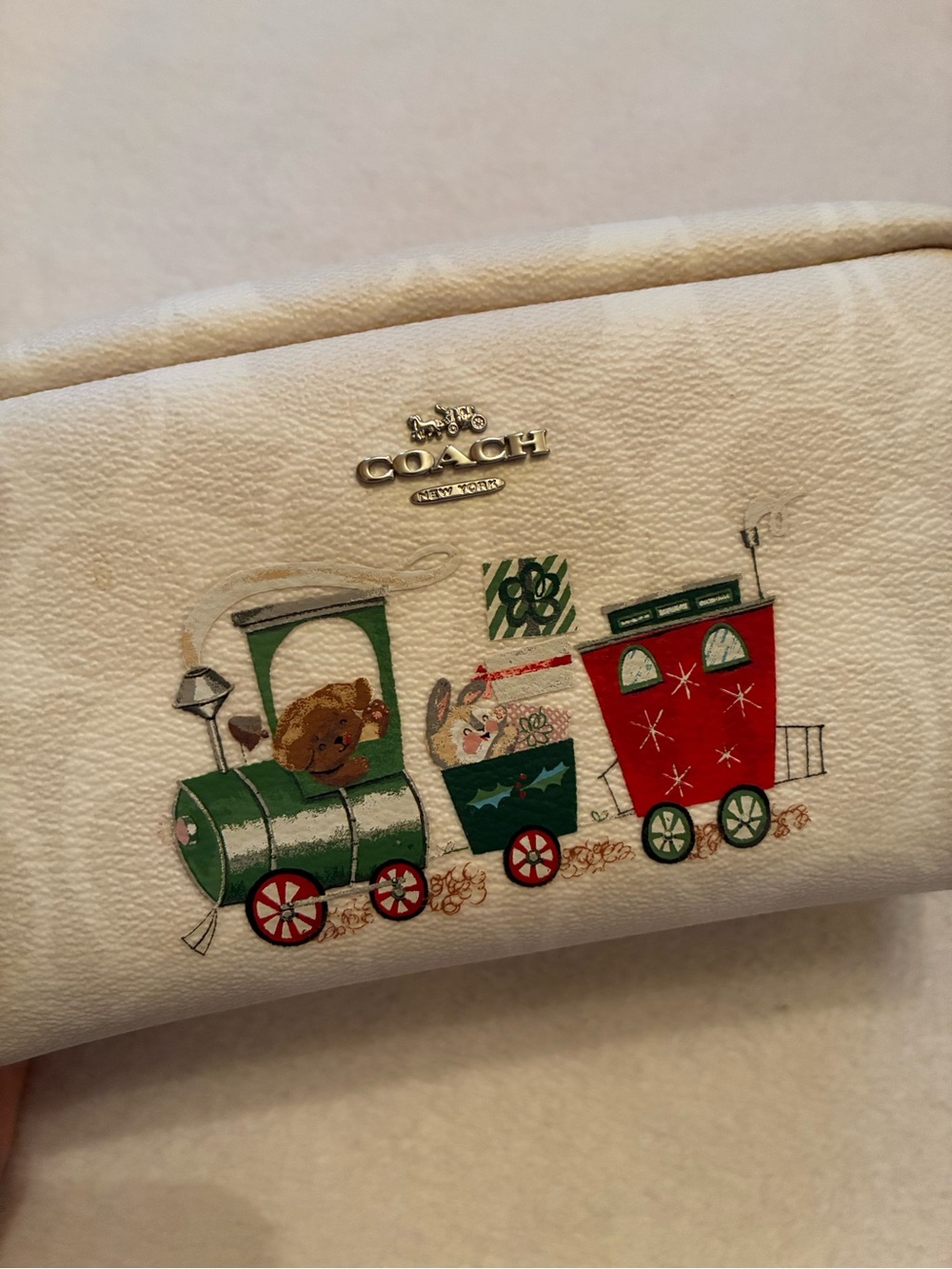 Coach Limited Edition White Leather Train Zip Pouch with Holiday Print